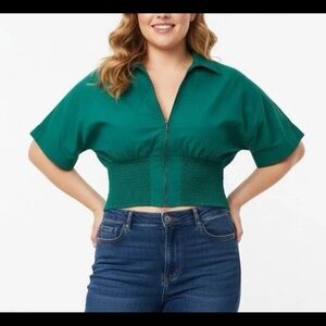 MAEVE BY ANTHROPOLOGIE TOMMIE SMOCKED ZIP-FRONT TOP IN GREEN//SIZE LARGE